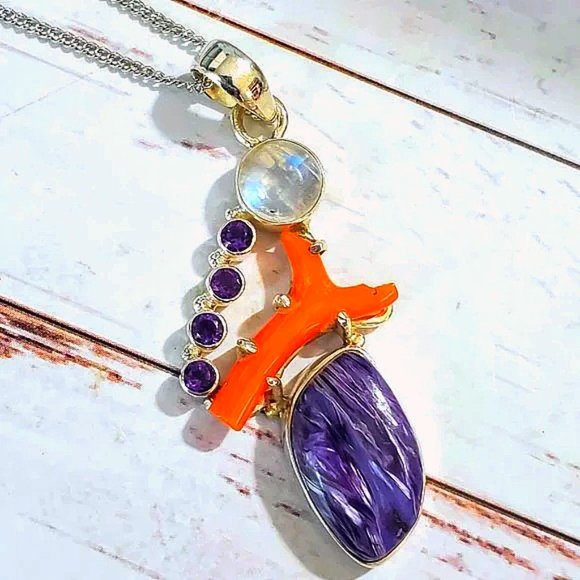 Siberian Charoite & Coral Sterling Pendent